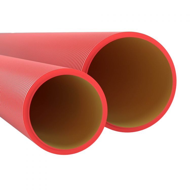 Труба гофрированная двустенная, жёсткая DKC 160911 с муфтой, для кабельной канализации, д.110мм, SN12, 1030Н, (уп/6м), цвет красный труба dkc 141916a 8k гибкая двустенная дренажная д 160мм с геофильтром класс sn8 перфорация 360 град 50м цвет черный