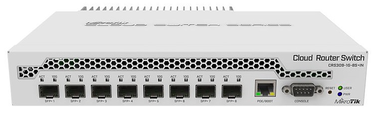 Коммутатор Mikrotik CRS309-1G-8S+IN SFP+, dual-core 800MHz CPU, 512MB RAM, POE, RS232 serial port