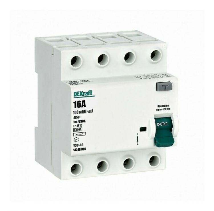 

УЗО DEKraft 14240DEK ВДТ 4P 16А 100мА тип AC 6кА, 14240DEK
