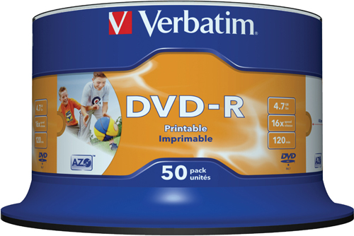 

Диск DVD-R Verbatim 43533 4.7ГБ, 16x, 50 шт., Cake Box, Printable, 43533