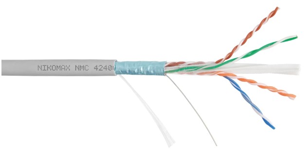 

Кабель витая пара F/UTP 6 кат. 4 пары NIKOMAX NMC 4240C-GY 23AWG(0.55 мм), медь, одножильный (solid), внутренний, полимерный материал, нг(A)-HF, серый, NMC 4240C-GY