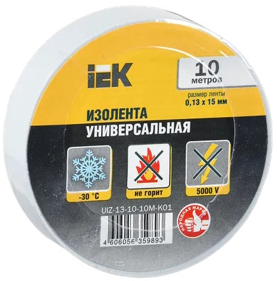 

Изолента IEK UIZ-13-10-10M-K01 ПВХ 0.13х15мм (рул.10м) белая, UIZ-13-10-10M-K01