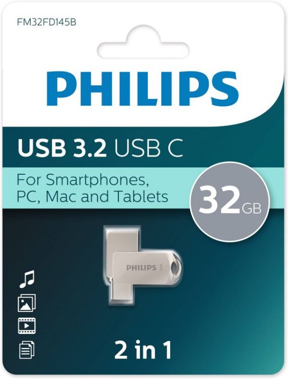 

Накопитель USB 3.2 32GB Philips FM32FD145B/97 Type-C, OTG, USB 3.2/Type-C, Металл, 100 MB/s, FM32FD145B/97