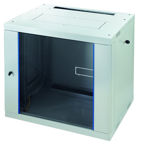 Шкаф настенный 19, 9U Eurolan 60W-09-64-31GY Racknet F30 600 × 450, передняя дверь стеклянная, боковые панели, шнуры заземления, светло-серый