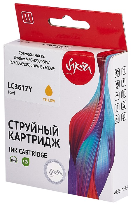 

Картридж струйный Sakura LC3617Y для Brother MFC-J2330DW/J2730DW/J3530DW/J3930DW, пигментный тип чернил, желтый, 550 к., LC3617Y