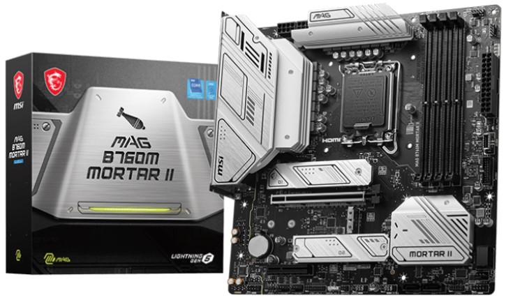 Материнская плата mATX MSI MAG B760M MORTAR II (LGA1700, B760, 4*DDR5 (7800), 4*SATA 6G RAID, 3*M.2, 2*PCIE, 2.5Glan, HDMI, DP, USB Type-C, 3*USB 3.2,