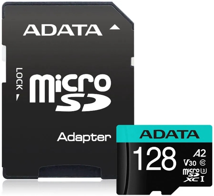 

Карта памяти MicroSDXC 128GB ADATA AUSDX128GUI3V30SA2-RA1 UHS-I U3 Class 10/V30S/A2, Adapter, 100/80 MB/s, RTL, AUSDX128GUI3V30SA2-RA1