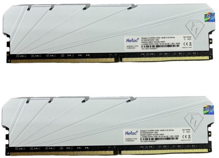 

Модуль памяти DDR4 16GB (2*8GB) Netac NTSSD4P32DP-16W Shadow S White PC4-25600 3200MHz CL16 радиатор 1.35V, NTSSD4P32DP-16W