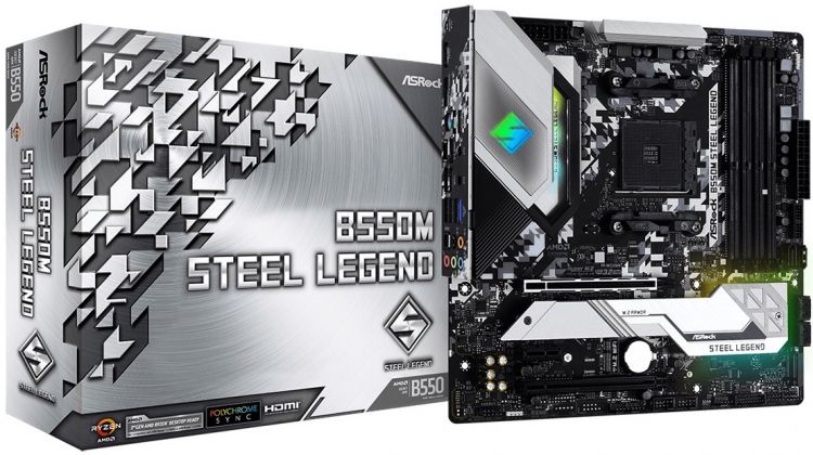 Материнская плата mATX ASRock B550M STEEL LEGEND (AM4, AMD B550, 4*DDR4(4733+), 6*SATA 6G RAID, 2*M.2, 3*PCIE, 7.1CH, 2.5Glan, 9*USB 3.2/USB Type-C, H