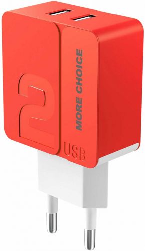 Зарядное устройство сетевое More Choice NC46 2*USB 2.4A Red, цвет красный