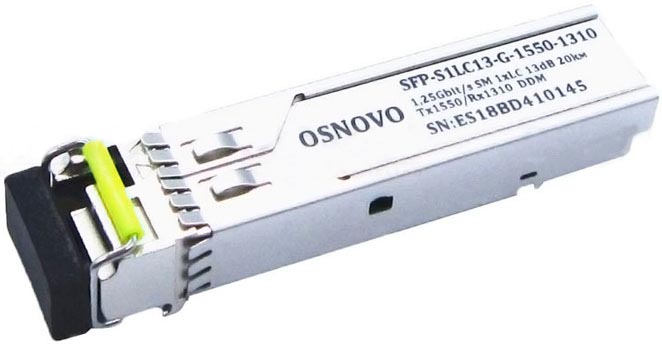 Модуль SFP OSNOVO SFP-S1LC13-G-1550-1310 до 1.25 Гбит/c, LC/13дБ/расстояние передачи до 20км/Tx 1550/Rx 1310/поддержка DDM