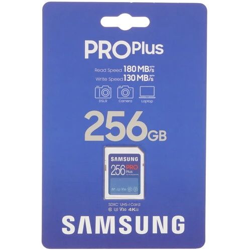 

Карта памяти SDXC 256GB Samsung MB-SD256S/EU PRO Plus Class 10, A2, V30, UHS-I (U3), W 130 МБ/с, R 180 МБ/с, MB-SD256S/EU