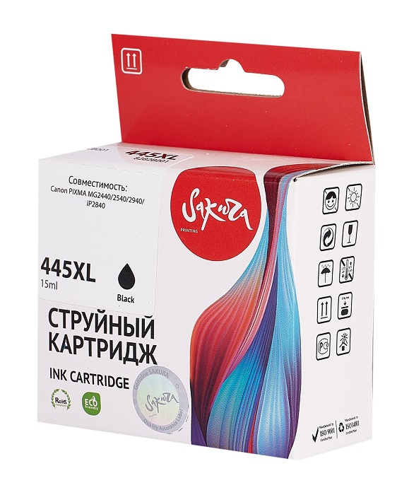 

Картридж струйный Sakura 8282B001 (445XL Black) SI8282B001 для Canon PIXMA MG2440/2540/2940/iP2840, пигментный тип чернил, черный, 400 к., 8282B001 (445XL Black)