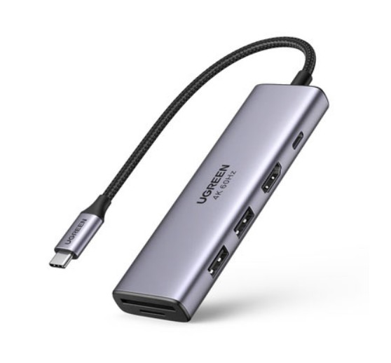 

Концентратор UGREEN 60384 USB-C to 3*USB 3.0+PD+HDMI+SD/microSD, серый космос, 60384