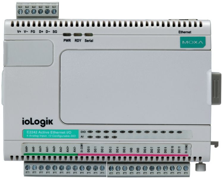 Модуль MOXA ioLogik E2240-T Ethernet I/O Server 8AI,2AO,Modbus/TCP,SNMP,Active I/O Messaging adam 6520 5 port unmanaged industrial ethernet switch adam 6250 15 channel isolated digital i o module supporting modbus tcp