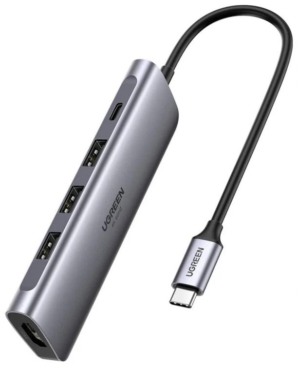 Адаптер UGREEN CM136 70495 мультифункциональный, USB Type-C to 3*USB Type-А 3.0, HDMI, USB Tape-C, цвет: серый космос