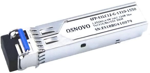 цена Модуль SFP OSNOVO SFP-S1LC12-G-1310-1550 до 1.25 Гбит/c, LC/12дБ/расстояние передачи до 3км/Tx 1310/Rx 1550/поддержка DDM