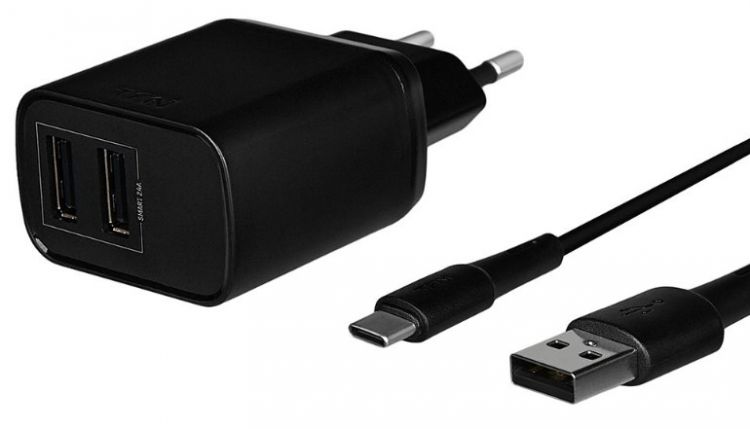 Зарядное устройство сетевое TFN TFN-WCRPD12W2U03 2*USB Type-А, RAPID, 2.4A+кабель USB Type-C, black