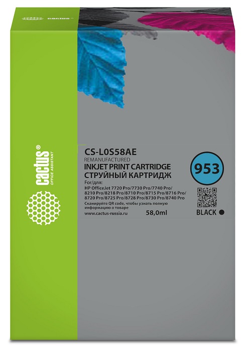 

Картридж Cactus CS-L0S58AE 953 черный (58мл) для HP OJ 7720 Pro/7730/7740/8210, CS-L0S58AE