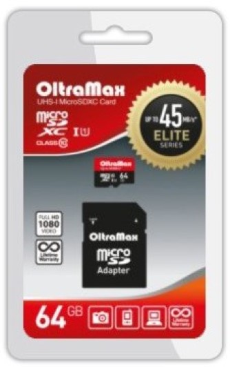 

Карта памяти 64GB OltraMax OM064GCSDXC10UHS-1-ElU1 microSDXC Class 10 Elite UHS-I (45 Mb/s) + SD адаптер, OM064GCSDXC10UHS-1-ElU1