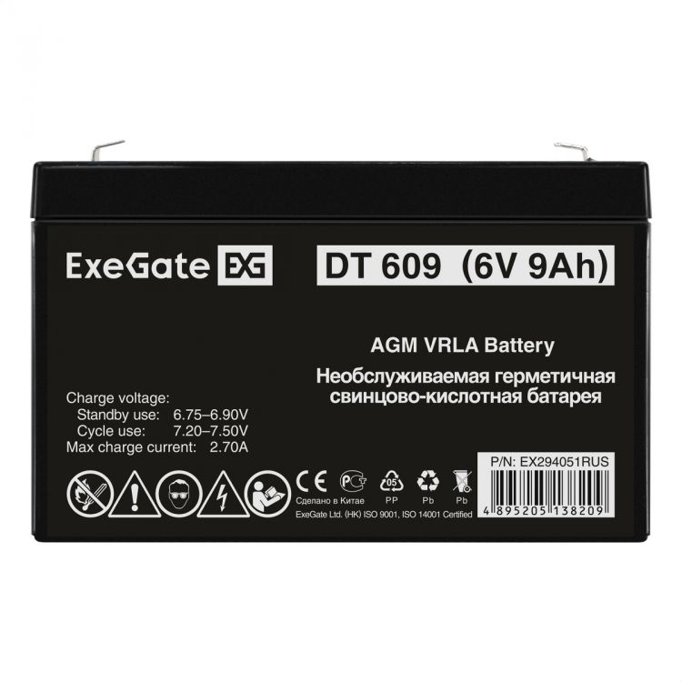 Батарея аккумуляторная Exegate DT 609 EX294051RUS (6V 9Ah, клеммы F1)