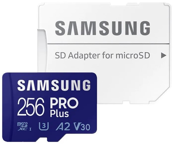 

Карта памяти MicroSDXC 256GB Samsung MB-MD256SA/KR PRO Plus Class 10, A2, V30, UHS-I (U3), W 130 МБ/с, R 180 МБ/с, MB-MD256SA/KR