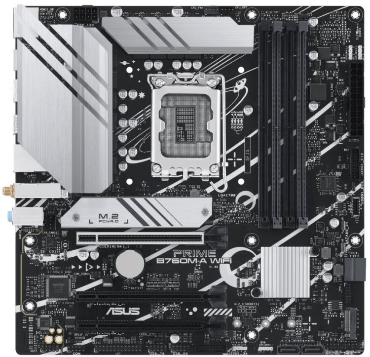 Материнская плата mATX ASUS PRIME B760M-A WIFI 90MB1EL0-M1EAY0 (LGA1700, B760, 4*DDR5 (7200), 4*SATA 6G RAID, 2*M.2, 3*PCIE, 2.5Glan, WiFi, BT, 2*HDMI