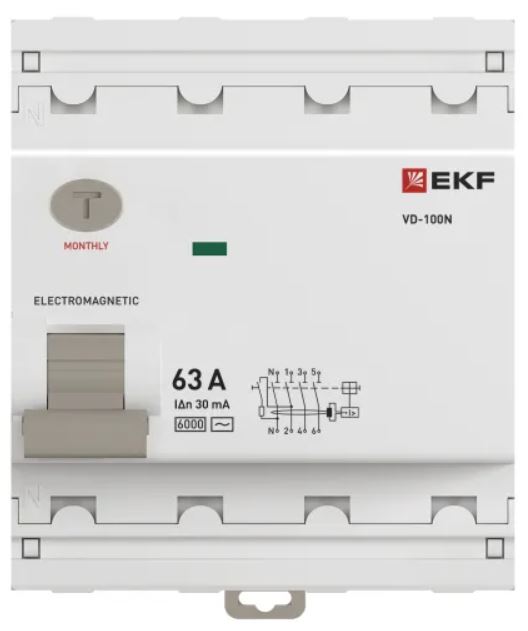 

УЗО EKF E1046M6330 ВДТ ВД-100N 4P 63А 30мА AC эл-мех 6кА PROXIMA, E1046M6330