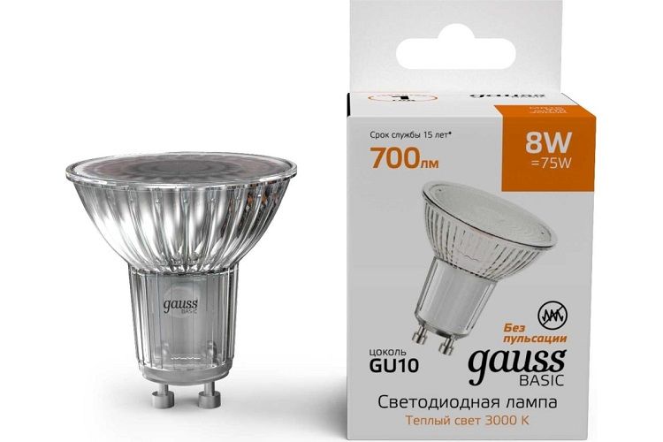 

Лампа светодиодная Gauss 10106182 Basic 8Вт цок.:GU10 софит св.свеч.теп.св./дневн., 10106182