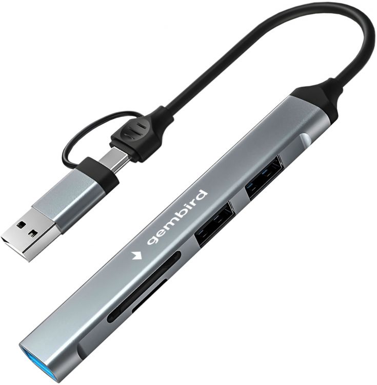 

Карт-ридер Gembird FD2-MSD-3 Type-C/USB-A (3.1), 5в1: 2xUSB2.0, USB3.1, SD/TF, кабель 10см, алюминий, FD2-MSD-3