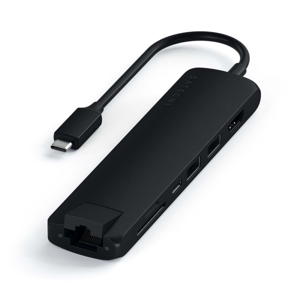Док-станция Satechi Type-C Slim Multiport with Ethernet Adapter, Gigabit Ethernet, USB-C PD, 2хUSB 3.0, 4K HDMI, micro/SD, чёрный mass 20w uk pd adapter home charger adapter type c slot mh05