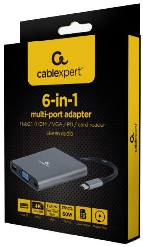 Концентратор Cablexpert A-CM-COMBO6-01 USB-CM 6-в-1 (Hub3.0 + HDMI + VGA + PD + кардридер + стерео-з
