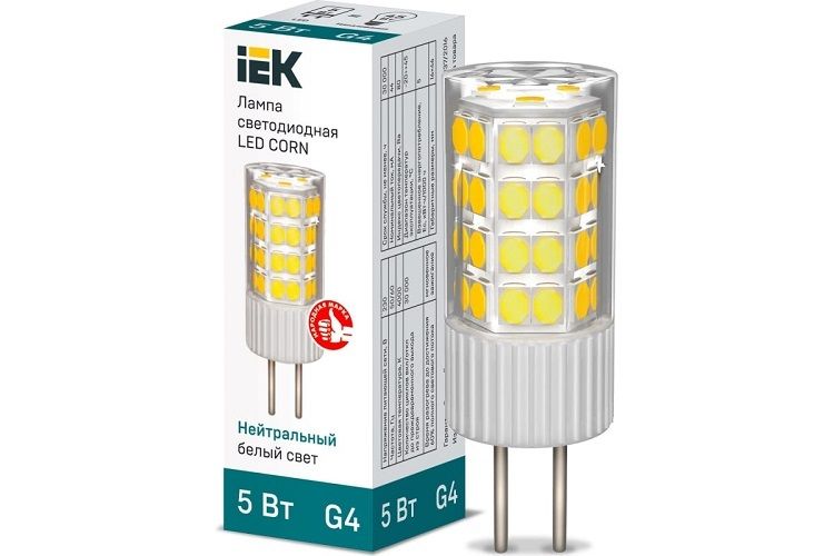 

Лампа светодиодная IEK LLE-CORN-5-230-40-G4 Corn 5Вт капсульная 4000К нейтр. бел. G4 230В керамика, LLE-CORN-5-230-40-G4