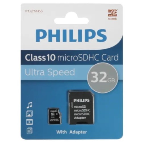 

Карта памяти MicroSDHC 32GB Philips FM32MA45B/97 Class 10 (SD адаптер), FM32MA45B/97