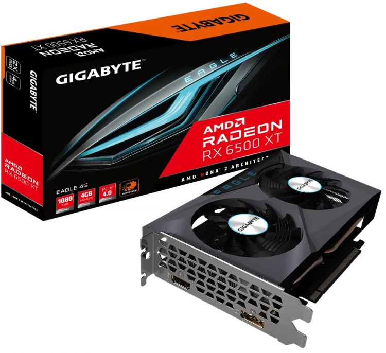 Видеокарта PCI-E GIGABYTE Radeon RX 6500 XT EAGLE 4G (GV-R65XTEAGLE-4GD) 4GB GDDR6 64bit 6nm 2310/18000MHz HDMI DP retail