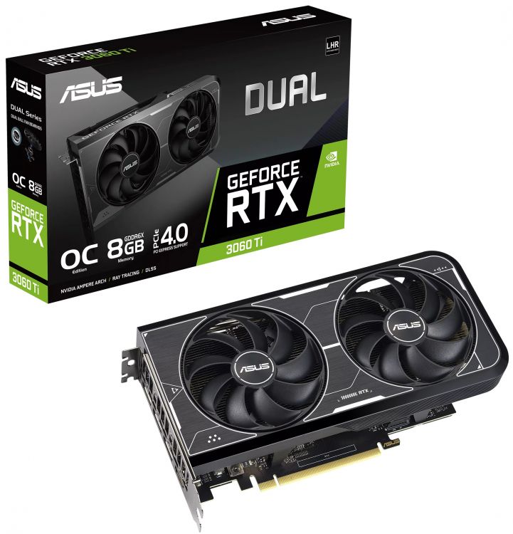 Видеокарта PCI-E ASUS GeForce RTX 3060 Ti DUAL OC (DUAL-RTX3060TI-O8GD6X) 90YV0IP0-M0NA00 8GB GDDR6X 256bit 8nm 1410/19000MHz HDMI/3*DP