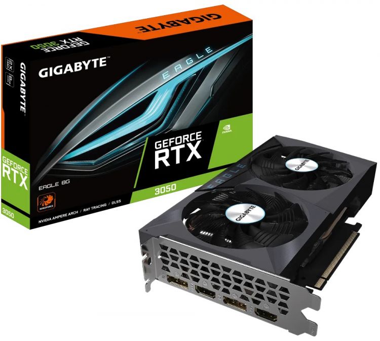 

Видеокарта PCI-E GIGABYTE GeForce RTX 3050 EAGLE (GV-N3050EAGLE-8GD) 8GB GDDR6 128bit 8nm 1552/14000MHz 2*HDMI/2*DP, GeForce RTX 3050 EAGLE (GV-N3050EAGLE-8GD)