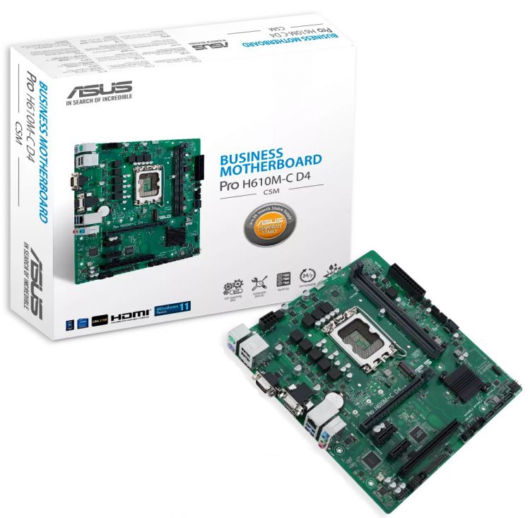 Материнская плата mATX ASUS PRO H610M-C D4-CSM (LGA1700, H610, 2*DDR4(3200), 4*SATA 6G, 4*PCIE, M.2, 7.1CH, Glan, 2*USB 3.2, D-Sub, HDMI, DP)