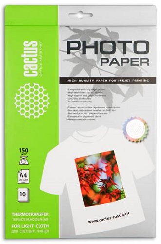 Бумага Cactus CS-TD15010 A4/150г/м2/10л. для светлых тканей цена и фото