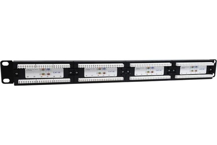 Патч-панель 19", 24xRJ45, UTP, Кат. 5е NTSS NTSS-PP-1U-24-UTP-RJ45-5e-D 1U, Dual IDC, без органайзера