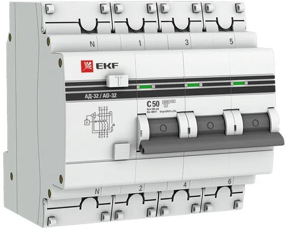 

Автомат дифференциальный EKF DA32-50-100-4P-pro АД-32 3P+N 50А (С) 100мА тип (АС) эл. 4,5кА PROxima, DA32-50-100-4P-pro