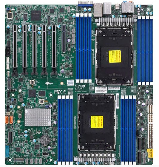 серверная платформа 1u asus rs700 e11 rs12u 90sf01u1 m00110 lga4677 c741 32 ddr5 4800 12 2 5 hs 2 m 2 4 pcie mlan vga 4 usb 3 2 2 1200w Материнская плата E-ATX Supermicro MBD-X13DAI-T-B (2*LGA4677, C741, 16*DDR5 (5600), 10*SATA 6G RAID, 2*M.2, 6*PCIE, 2*10Glan, VGA, 4*USB 3.0)