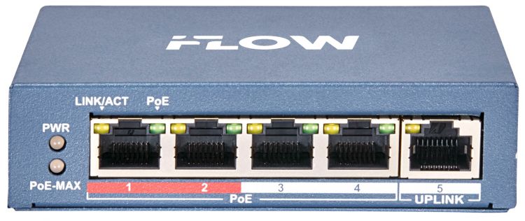 

Коммутатор неуправляемый iFlow F-SW-EU205POE-V 4 RJ45 100M PoE с грозозащитой 6кВ, 2 порта с высоким приоритетом, 1 Uplink порт 100М Ethernet, бюджет, F-SW-EU205POE-V