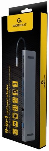 Концентратор Cablexpert A-CM-COMBO9-01 USB-C (вилка) 8-в-1 (хаб USB 3.0+HDMI+VGA+PD+кардридер+LAN+ау