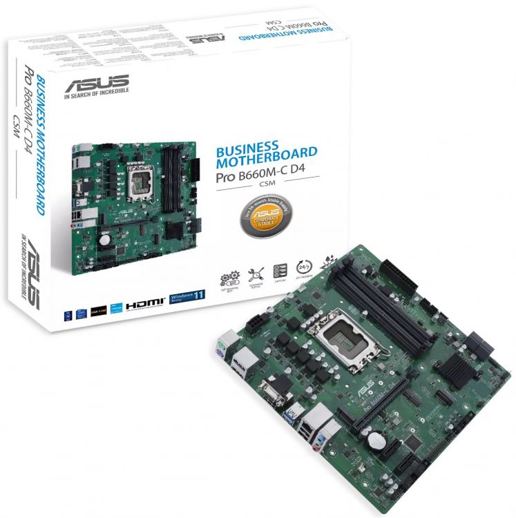 Материнская плата mATX ASUS PRO B660M-C D4-CSM (LGA1700, B660, 4*DDR4(5000), 4*SATA 6G RAID, 2*M.2, 3*PCIE, 7.1CH, Glan, 2*USB 3.2, HDMI, 2*DP, VGA) R