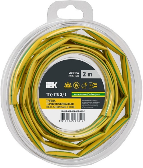 

Трубка термоусадочная IEK UDR12-002-001-002-K52-T ТТУ нг-LS 2/1 жел-зел. (2м/упак), UDR12-002-001-002-K52-T