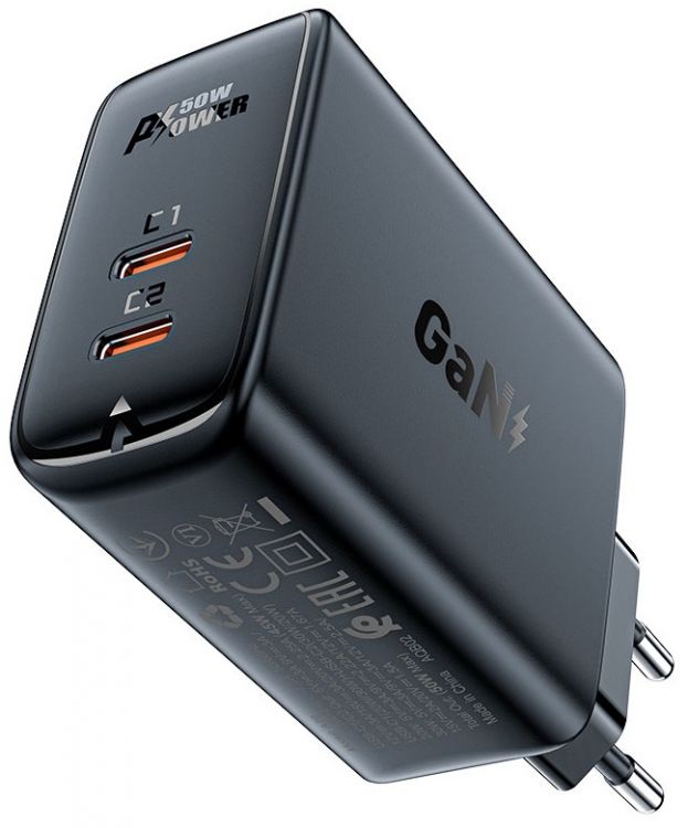 Зарядное устройство сетевое ACEFAST A29 PD50W GaN USB-C+USB-C dual port charger (EU). Цвет: черный сетевое быстрое зарядное устройство hoco acefast a5 pd32w usb c usb a dual port charger eu черное