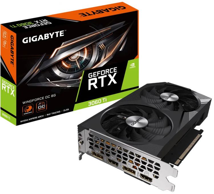 

Видеокарта PCI-E GIGABYTE GeForce RTX 3060 Ti WINDFORCE OC (GV-N306TWF2OC-8GD) 8GB GDDR6 256bit 8nm 1665/14000MHz 2*HDMI/2*DP RTL, GeForce RTX 3060 Ti WINDFORCE OC (GV-N306TWF2OC-8GD)