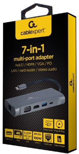 Концентратор Cablexpert A-CM-COMBO7-01 USB-CM 7-в-1 (Hub3.0 + HDMI + VGA + PD + кардридер + стерео-з