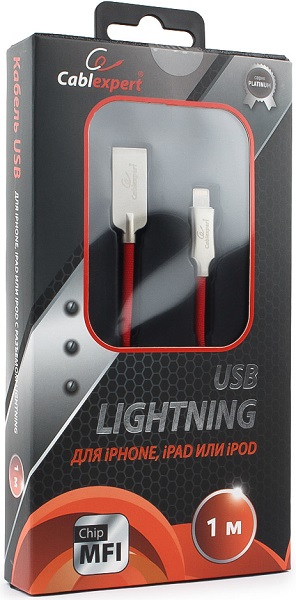 

Кабель интерфейсный USB 2.0 Cablexpert CC-P-APUSB02R-1M MFI, AM/Lightning, серия Platinum, длина 1м, красный, блистер, CC-P-APUSB02R-1M